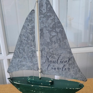 Vintage Rustic Look Primitive Style Decorative Wood Sailboat w/Tin Sails, Upcycled Nautical Lake Cottage Beach House Decor Kitsch, 13&quot; Tall