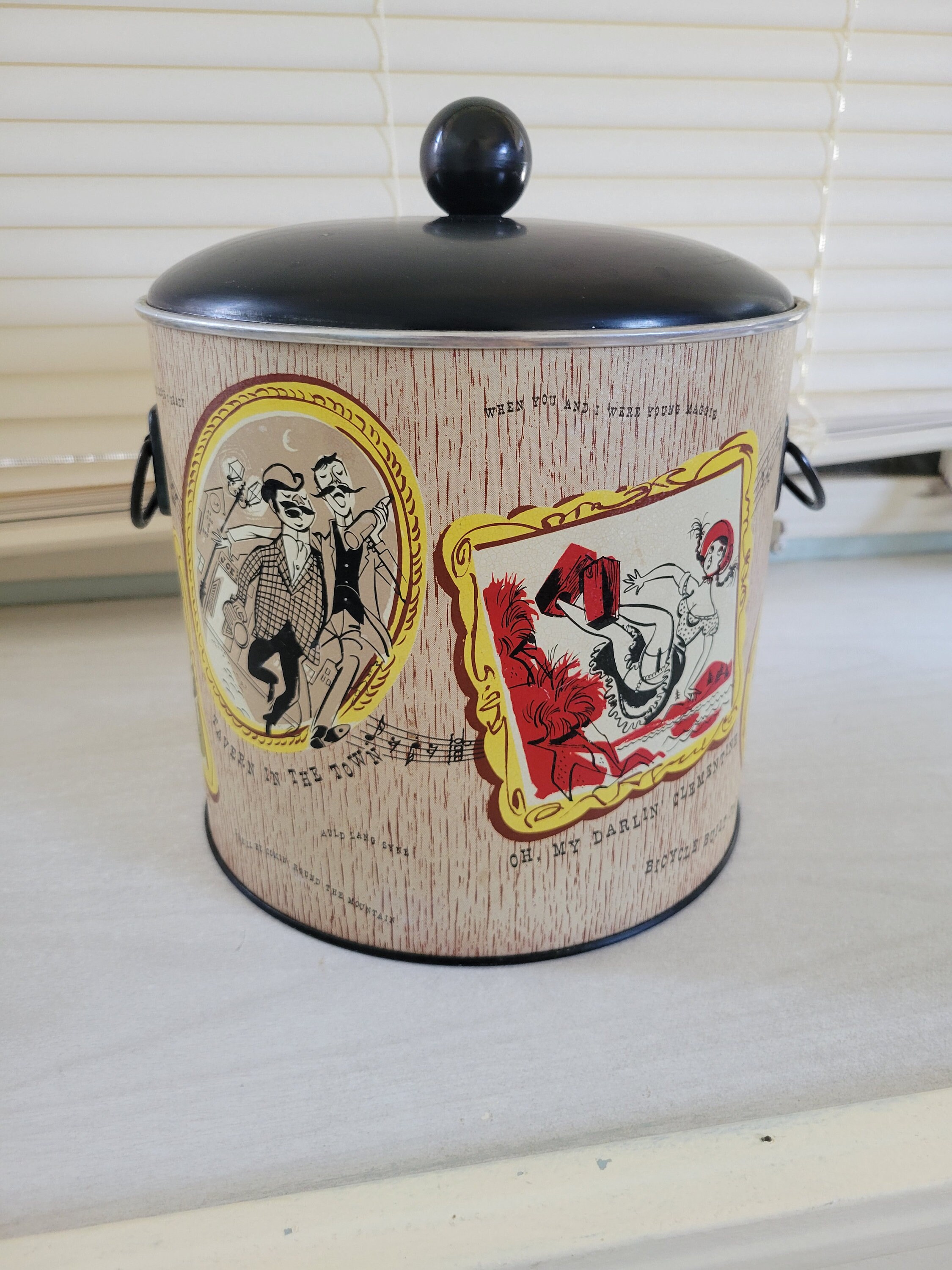 Vintage Insulated Ice Bucket With Aluminum Liner, 1950s Era Folk Song