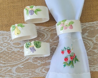 Vintage Porcelain Napkin Rings: Set of 4 Hand Painted Fruit Designs, Granny Core