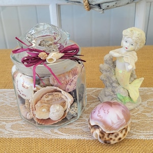Upcycled Jar Filled with Shells, Beach Comber Treasures of the Sea in Jar, Coastal Shell Jar, Beach Shell Jar, Tiered Tray Decor, Shell Jar