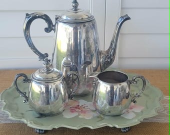 Vintage WM Rogers Forbes silverfat teservis: te-/kaffekanna, gräddkanna, sockerskål, återvunnet bricka