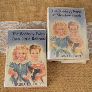 Puede incluir: Se muestran dos libros infantiles antiguos, "The Bobbsey Twins Own Little Railroad" y "The Bobbsey Twins at Meadow Brook". Las portadas presentan ilustraciones de niños y un perro. El nombre del autor, Laura Lee Hope, está impreso en la parte inferior de cada libro.