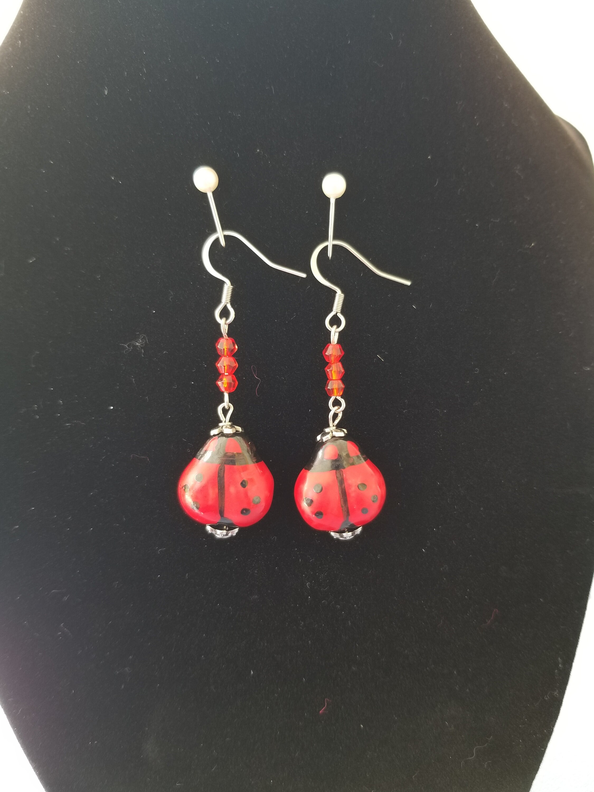Red Lady Bug Earrings, Lady Bug Drop Earrings, Ceramic Lady Bug and Crystal Bead Earrings, Heart