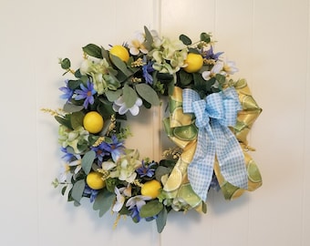 Lemon & Blue Daisy Farmhouse Wreath: Spring Cottage Decor