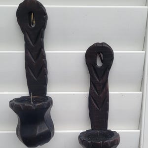 Vintage Rustic Primitive Candle Holder Hand Carved Old World Wall Sconce, Set of 2, Dark Wood Wall Sconces, Boho Country Cottage Granny Core