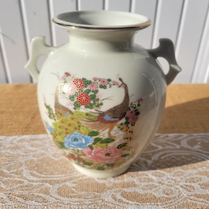 Vintage Japanese Satsuma Double Handled Peacock & Floral Vase with Metallic Gold Accents and Rim, Japanese Asian Ceramic Porcelain Vase