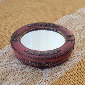 Small Oval Mirrored Jewelry Box: Ornate Victorian/Baroque Style, Red Faux Wood, Felted Lining