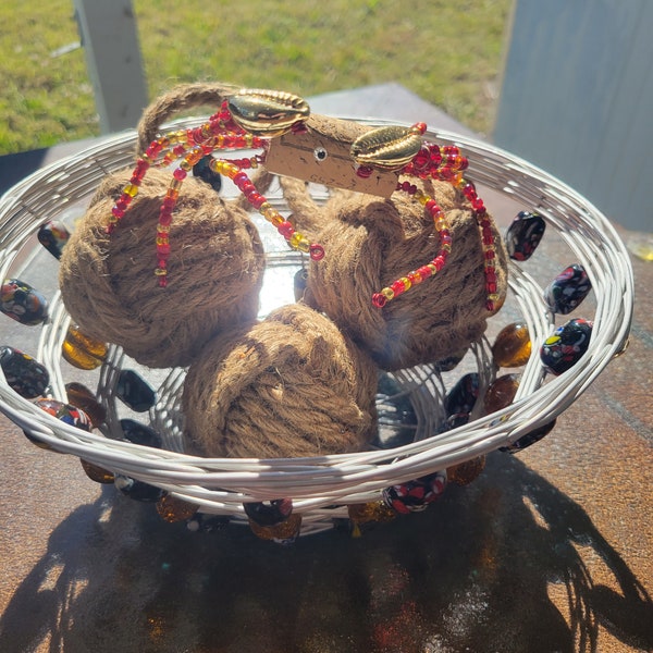 Vintage Silver Wire Basket, Wire Basket with Glass Beads, Amber Glass Beads, Blue Lampwork Glass Beads, Vintage Bread Basket, Boho Basket