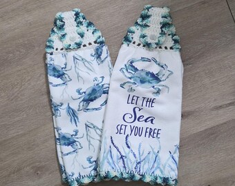 Nautical Hanging Tea Towel Set: Blue Crabs & Sea Grasses Kitchen Decor, Beach Housewarming Gift