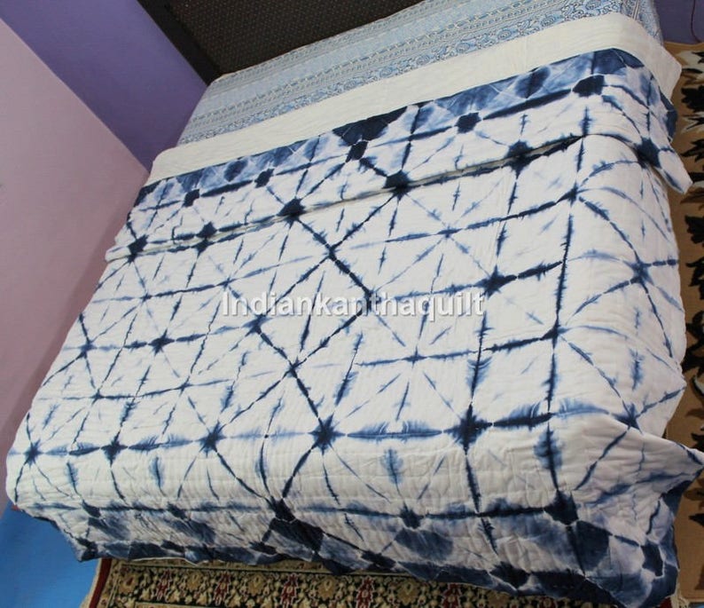 Shibori tie dye Printed Kantha Quilt Home Decor Queen Size Etsy