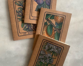 May include: Four small brown notebooks with illustrations of figs, olives, apricots, and wild carrots. Each notebook has a title in French: "Les Figs", "Les Olives", "Les Abricots", and "La Carotte Sauvage".