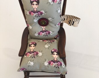 Unique pin cushion miniature wooden rocking chair with Frida Kahol cushions sewing gift