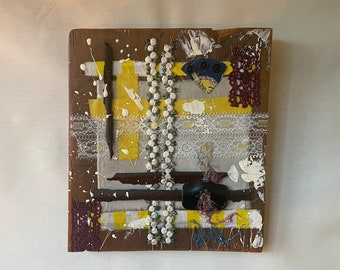 Mixed Media found object collage wall art on vintage pine wood with textiles and found metal.