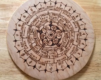 Celtic calendar - pagan - wiccan - Ogham year wheel wooden altar tile. Zodiac - OGHAM trees -Fibonacci sequence - Sabbats - samhain