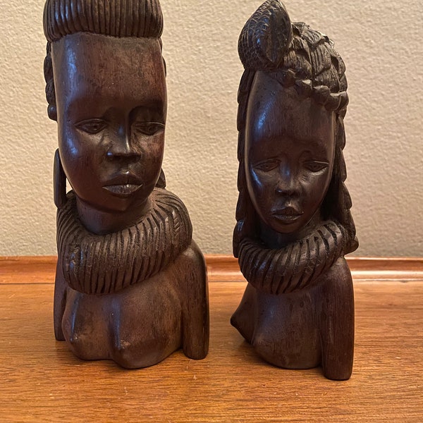 Two Ebony hardwood African Tribal Women busts -Highly detailed hair and faces - stunning!