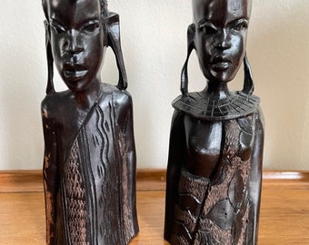 African Ebony hardwood African Maasai Moran, Samburu Warrior male and female hand carved busts