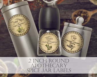 Etiquetas antiguas de boticario para tarros de especias redondos de 5 cm con correspondencias