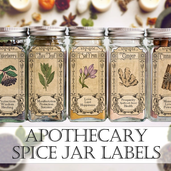 Old-Fashioned Antique Apothecary Spice Jar Labels with Correspondences