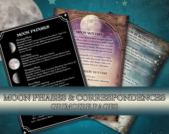 Può includere: Tre pagine di grimorio su fasi lunari e corrispondenze. La pagina nera elenca le fasi con cristalli ed erbe. La pagina viola spiega l'acqua lunare. La pagina blu descrive la luna nei segni zodiacali. Il testo è chiaramente visibile.