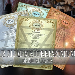 Może przedstawiać: Cztery karty z pozłacanymi krawędziami i ozdobnymi ramami, każda reprezentująca jeden z żywiołów: Powietrze, Woda, Ziemia i Ogień. Na każdej karcie znajduje się lista znaków zodiaku, planetarnych władców, czakr, kolorów, metali, kierunków, czasu, księżyca, pory roku, energii, kształtu i kryształów związanych z danym żywiołem. Karty są zatytułowane "Cztery żywioły - korespondencje - strony grimoire".