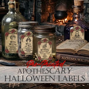 May include: A collection of glass bottles and jars featuring decorative labels with red rose borders. Labels include Moon Water, Wool of Bat, Wraith's Vengeance, and Vampire's Blood. The containers are arranged near an open book titled Alchemia Malifica.