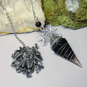 Obsidian Pendulum, Gemstone Pendulum with Copper Spiral and Silver Medusa Charm