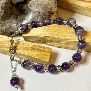 Amethyst Beaded Bracelet: Silver Gemstone Crystals, 7.5 Inches