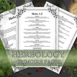 May include: Black and white pages with decorative borders and text listing herbs alphabetically with their medicinal and metaphysical properties. The pages are titled "Herbology Grimoire Pages".