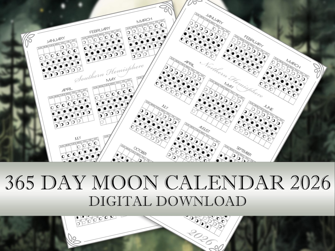 2026 Moon Calendar 365 Day, Lunar Calendar, Moon Phases for