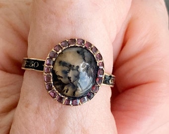 Amazing Antique Georgian Agate and Garnet Halo Mourning Ring in Gold and Enamel