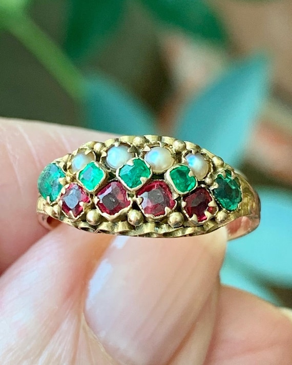 Perfect Victorian Emerald, Garnet and Pearl Ring