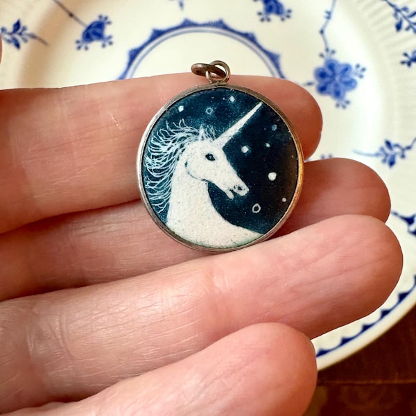 Antique Enameled Unicorn Pendant Framed in Silver