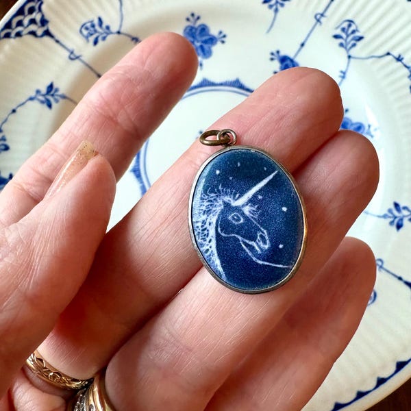 Antique Enameled Unicorn Pendant Framed in Silver