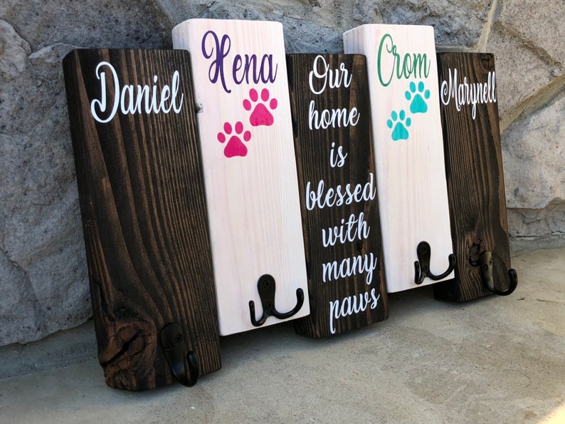 Leash Hooks Rustic Key Hook His and Hers Paw Print Dog Sign Personalized Key and Dog Leash Holder MADE TO ORDER Wood Sign