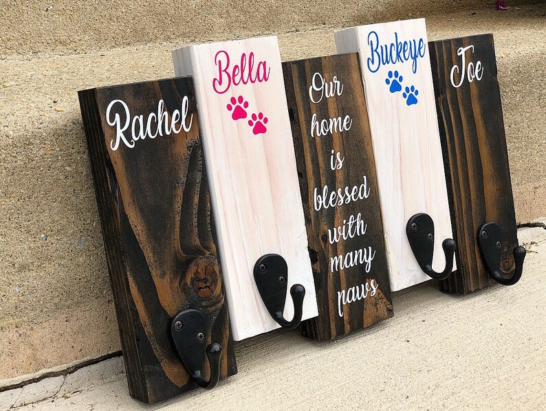 Leash Hooks Rustic Key Hook His and Hers Paw Print Dog Sign Personalized Key and Dog Leash Holder MADE TO ORDER Wood Sign