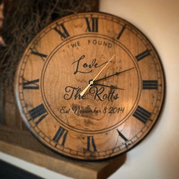 Custom Antique Cherry Laser Engraved Wood Clock- Multiple Sizes