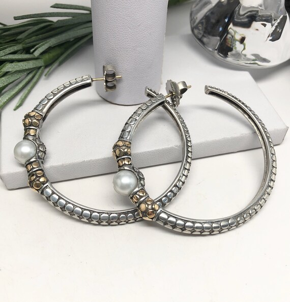 John Hardy Large Dot Pearl Hoop Earrings 925/18K