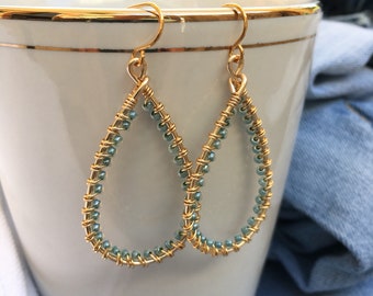 Minty Blue and Gold Wire Wrapped Teardrop  Earrings, Blue Green Earrings, Dangle Earrings, Minimalist Jewelry