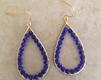 Blue Earrings, Blue and Gold Earrings, Wire Wrapped Earrings, Teardrop Earrings, Special Occasion Earrings, Bridesmaid Earrings, Gift