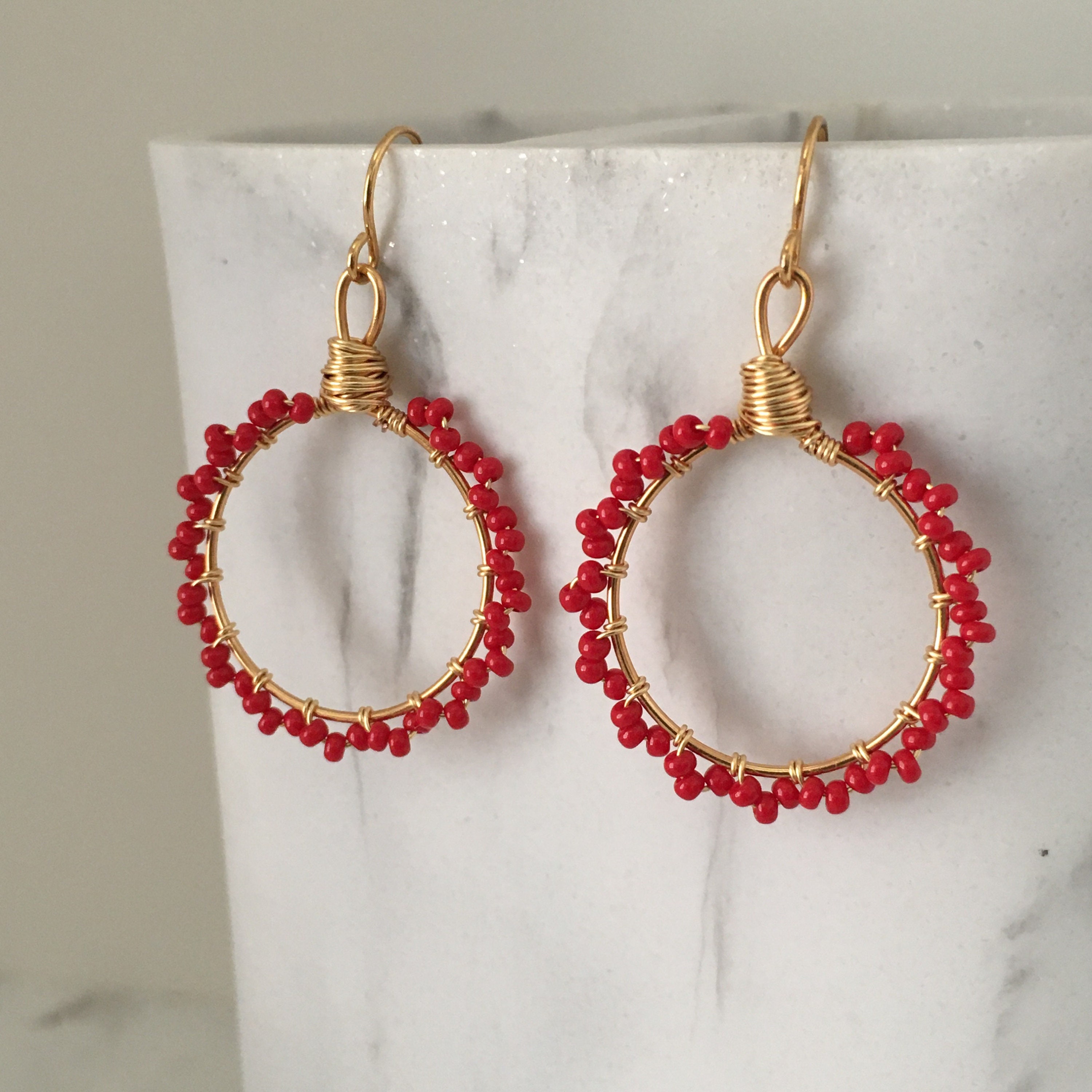 Hoop Earrings Beaded Red Hoop Earrings Gold and Red Etsy