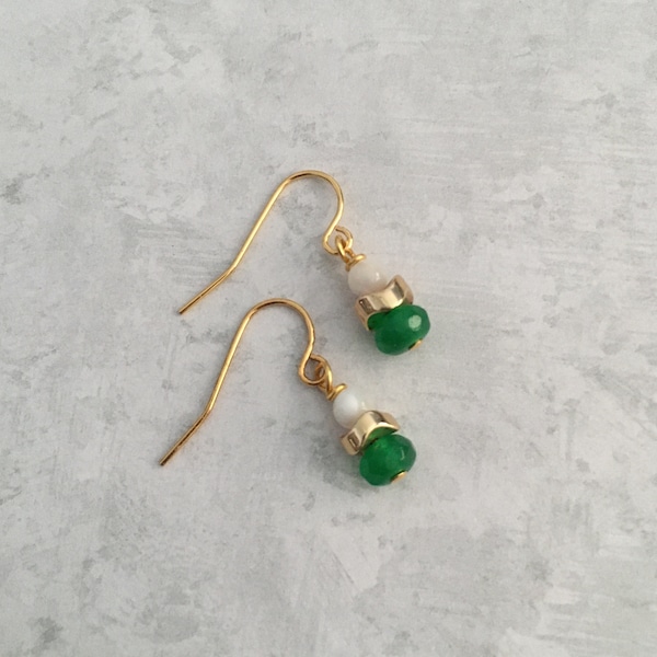 Tiny Dangle Green Earrings,  Small Green and Gold Earrings, Green Beaded  Handmade Earrings. Pearl and Green Earrings, Gift For Her