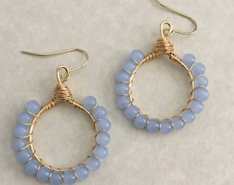 Blue Hoop Earrings, Wire Wrapped Blue and Gold Dangle Earrings, Beaded Earrings, Dangle Earrings, Light Blue Earrings, Gift