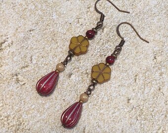Colorful Beaded Dangle Czech Glass Floral Earrings, Flower Earrings, Teardrop Earrings, Gift For Mother's Day, Gift for Her