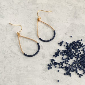 Blue Earrings, Navy Blue Dangle Earrings, Trendy Earrings, Minimalist Earrings, Drop Earrings, Beaded Blue and Gold Earrings, Gift For Her