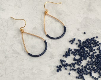 Blue Earrings, Navy Blue Dangle Earrings, Trendy Earrings, Minimalist Earrings, Drop Earrings, Beaded Blue and Gold Earrings, Gift For Her