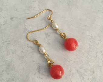 Beaded Dangle Earrings, Coral Pink and Pearl Dangle Earrings, Jewelry Gift, Drop Earrings
