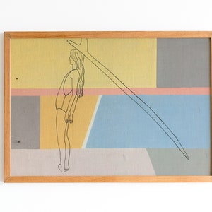 サーファーガール サンシーカー アートプリント、抽象的なサーフラインのイラスト、オリジナルのグアッシュ絵画のプリント、モダンなパステルカラー、サーファーへのギフト