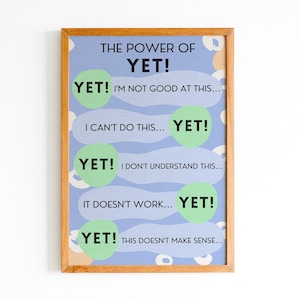Poster stampabile Power of Yet Growth Mindset, decorazione della parete del pensiero positivo, poster dell'aula scolastica, illustrazione dell'arte dell'ufficio terapeutico
