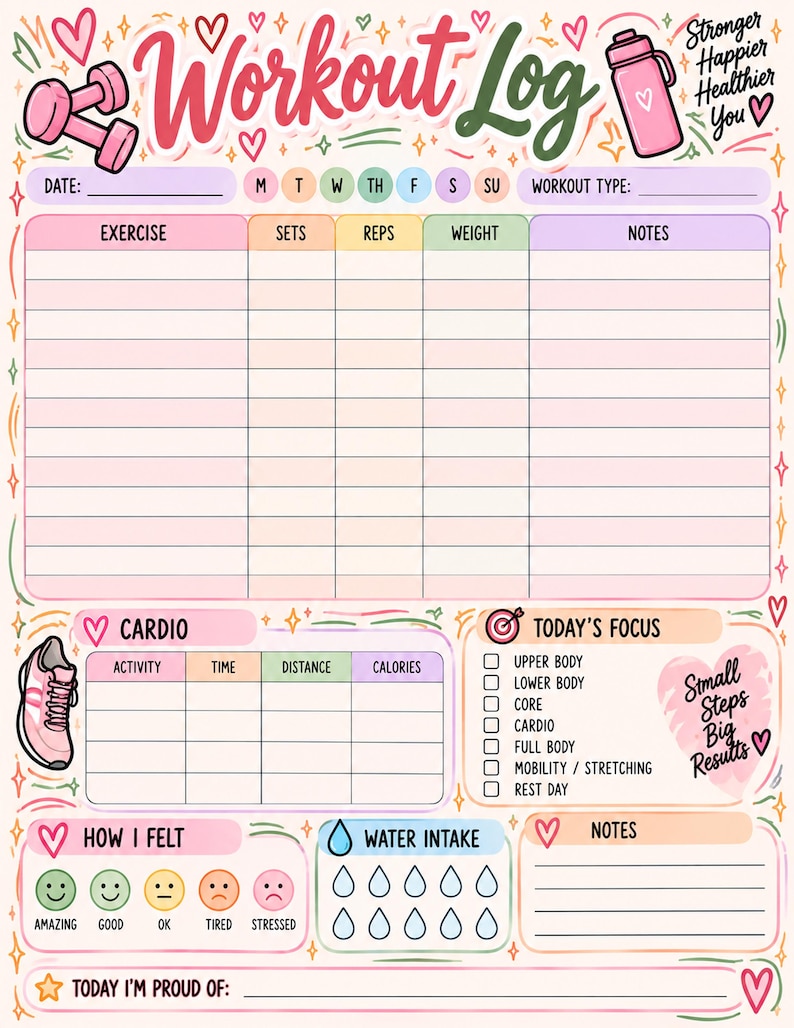 Workout Log Printable, Exercise Tracker, Gym Workout Journal, Sets and ...