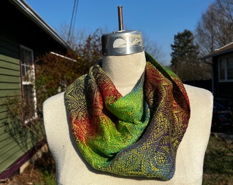 Handwoven Hand Dyed Cowl Tencel Rainbows with Chartreuse Tencel Weft